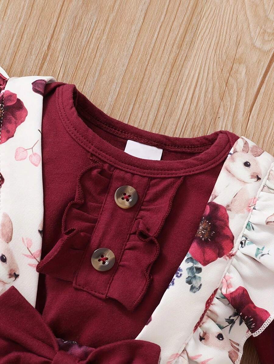 طقم ملابس كاجوال للبنات من BrownBark مكون من قطعتين: بلوزة بأكمام طويلة بلون واحد + أفرول مزين بنقشة زهور صغيرة مع فيونكة + غطاء للرأس