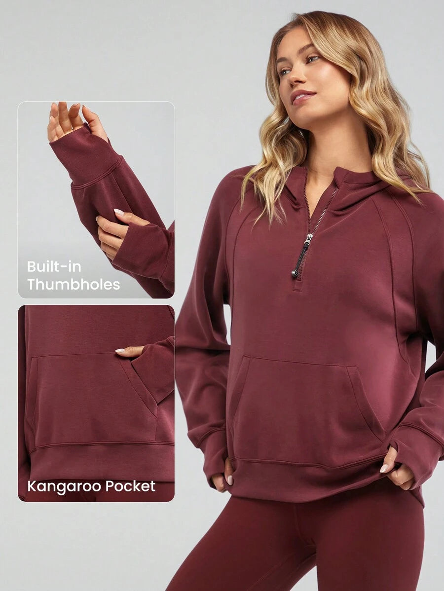 هودي GLOWMODE بملمس حريري من قماش Modal – تصميم فضفاض بسحاب نصف أمامي وأكمام طويلة لخريف مريح