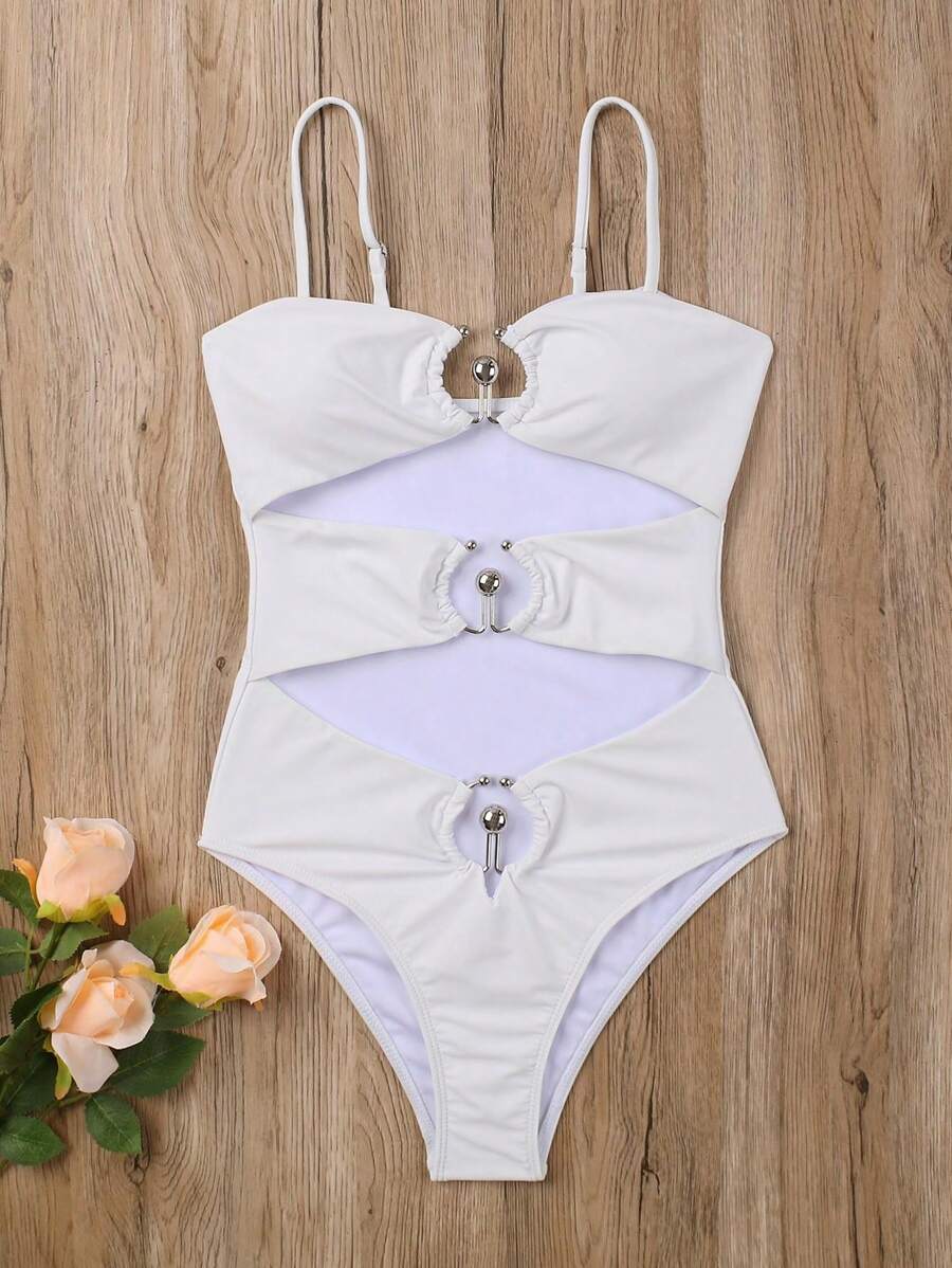 مايوه نسائي قطعة واحدة بلون موحّد بتصميم مجوّف أنيق – ستايل ريترو لصيف أنثوي جذّاب