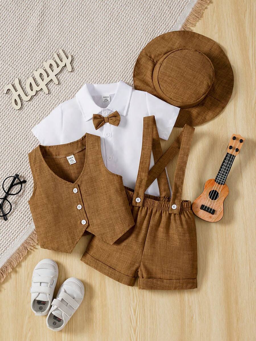 طقم أولادي أنيق من Shein مكوَّن من قميص كم قصير وربطة عنق مع فيست وشورت جاكار