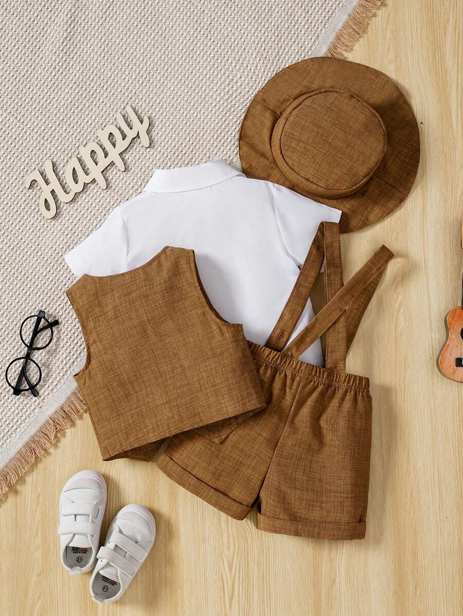طقم أولادي أنيق من Shein مكوَّن من قميص كم قصير وربطة عنق مع فيست وشورت جاكار