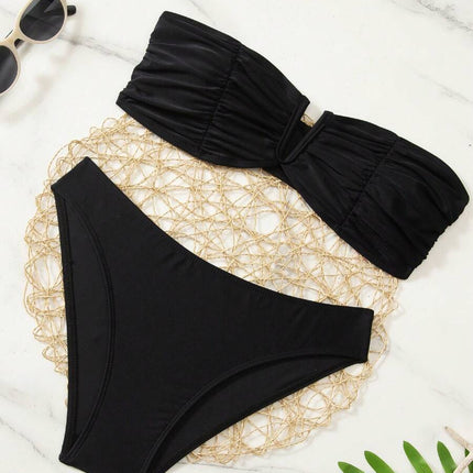 طقم بيكيني نسائي من Swim Basics – لون موحّد، بنمط مزيّن بدون حمالات