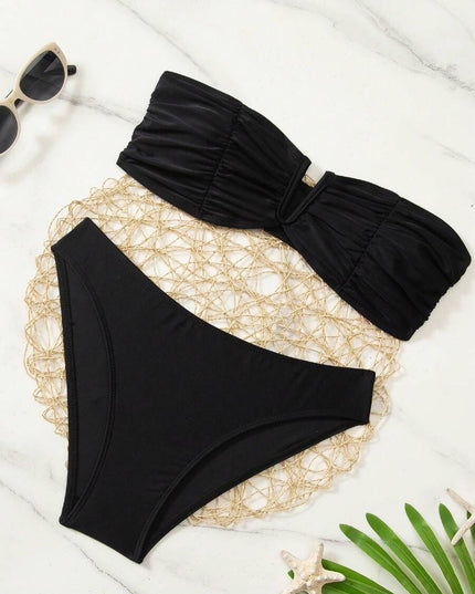 طقم بيكيني نسائي من Swim Basics – لون موحّد، بنمط مزيّن بدون حمالات