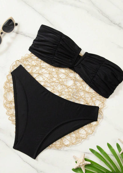طقم بيكيني نسائي من Swim Basics – لون موحّد، بنمط مزيّن بدون حمالات