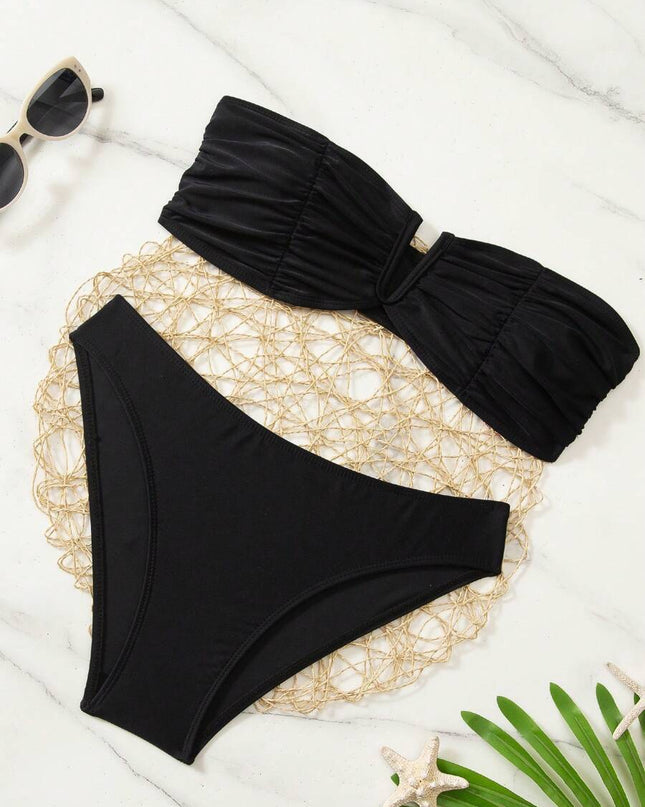 طقم بيكيني نسائي من Swim Basics – لون موحّد، بنمط مزيّن بدون حمالات