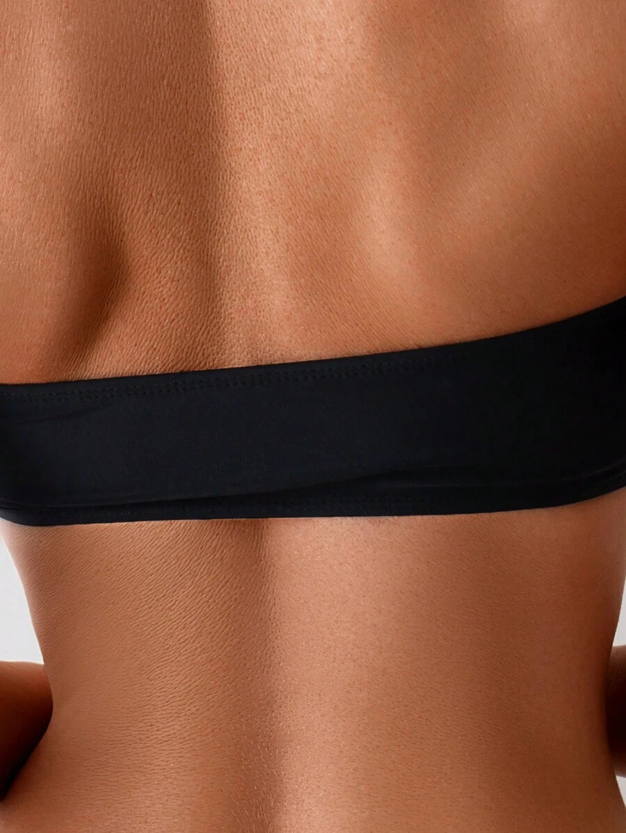 طقم بيكيني نسائي من Swim Basics – لون موحّد، بنمط مزيّن بدون حمالات