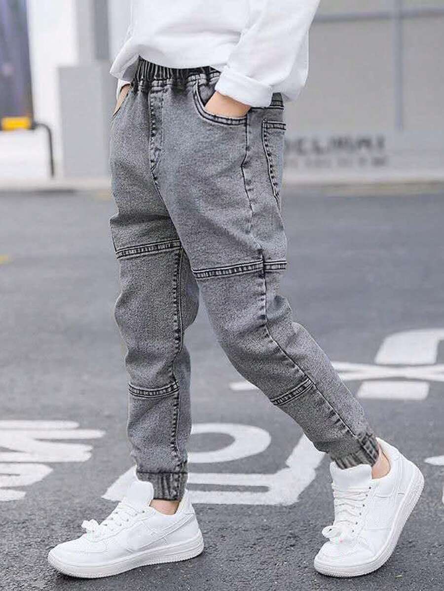 قطعة واحدة من بنطلون جينز بسيط للأولاد الصغار لفصل الربيع/الخريف (مع أطراف مكشكشة)