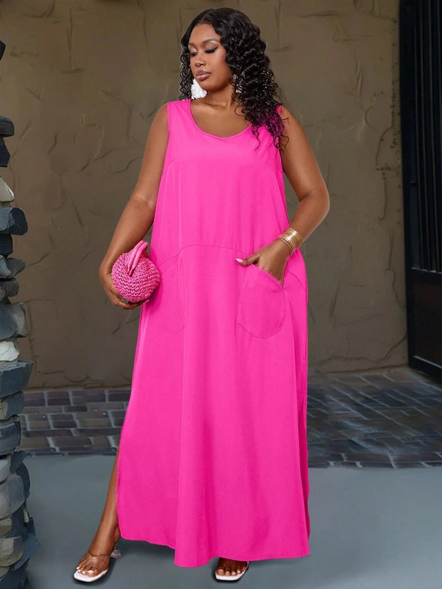 فستان ماكسي كاجوال بدون أكمام سادة للنساء بمقاسات كبيرة من shein