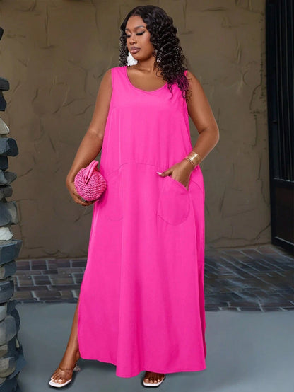 فستان ماكسي كاجوال بدون أكمام سادة للنساء بمقاسات كبيرة من shein