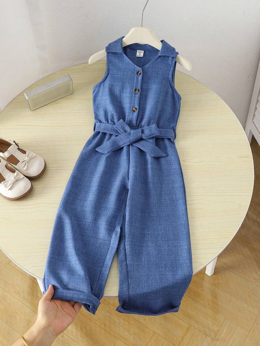 جمبسوت أنيق بأكمام وأزرار أمامية من SHEIN Genkimix للفتيات الصغيرات لقضاء العطلات والترفيه مع حزام خصر، مصنوع من قماش جينز مريح وناعم ،