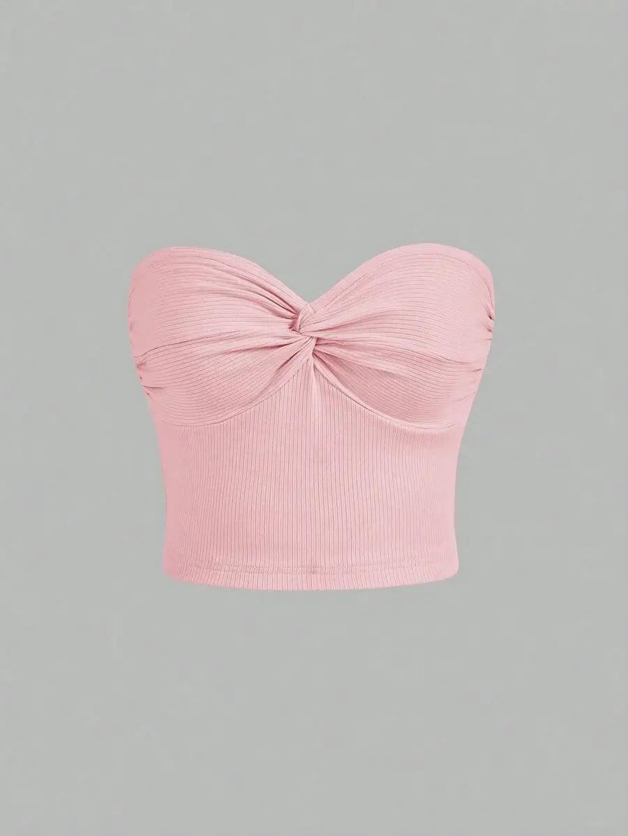 3بلوزة نسائية صيفية كاجوال من Rina Fox بلون سادة بدون حمالات بعقدة ملتوية