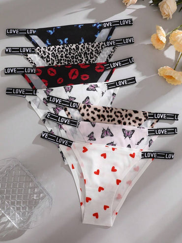 7pcs Women Butterfly, Leopard, Heart, Letter Jacquard Breathable Seamless Low Rise Hipster Panties