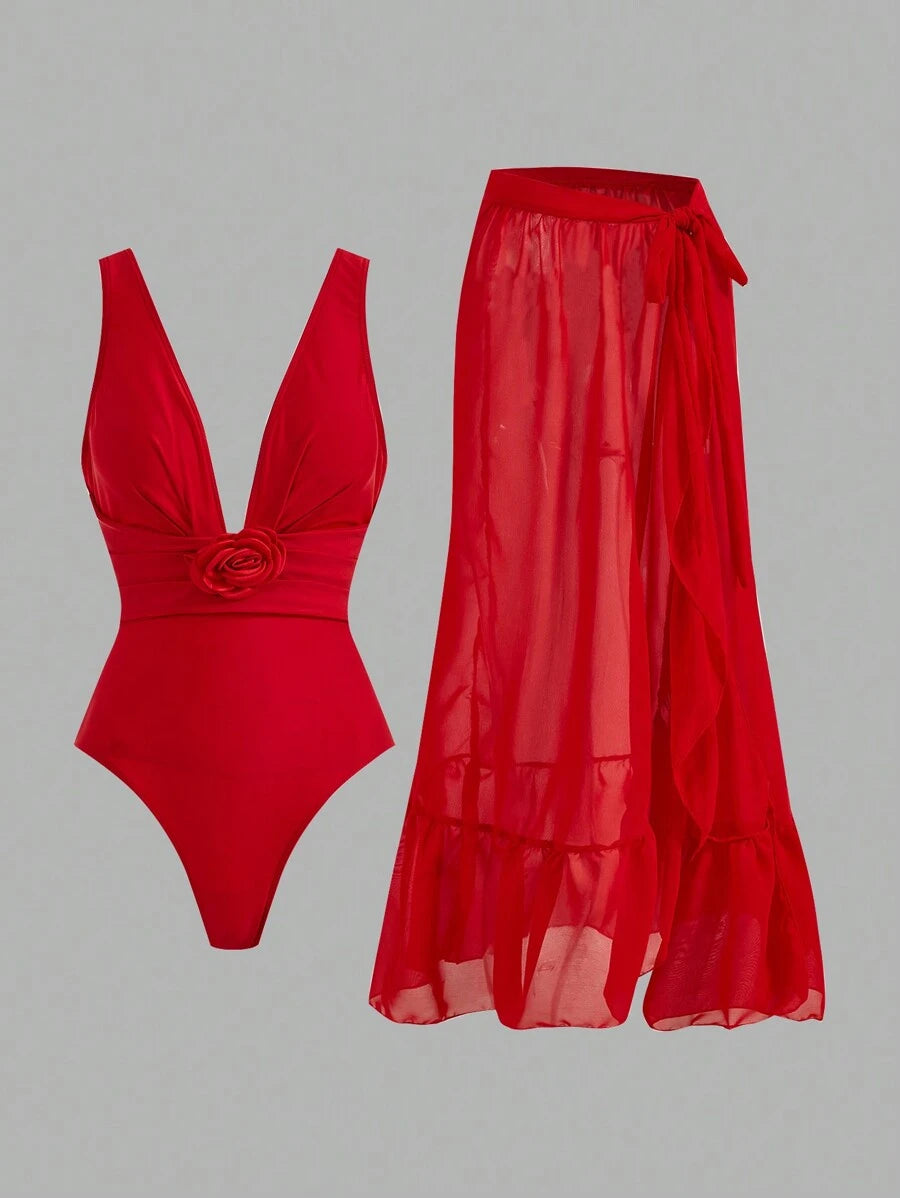 بدلة سباحة نسائية من قطعة واحدة من سويم أواسيس، مناسبة للعطلات والشاطئ، مزينة بنقشة زهور ثلاثية الأبعاد، صيفية