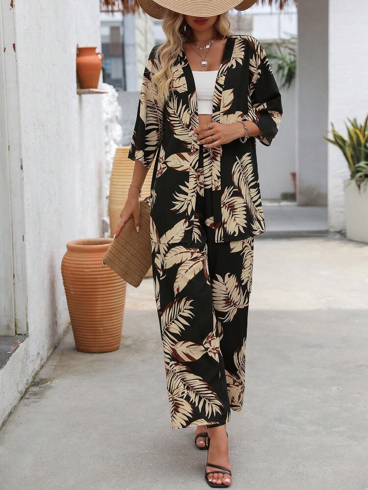 طقم ‎SHEIN LUNE – معطف مفتوح أمامي + بنطال واسع الساق بطبعة استوائية