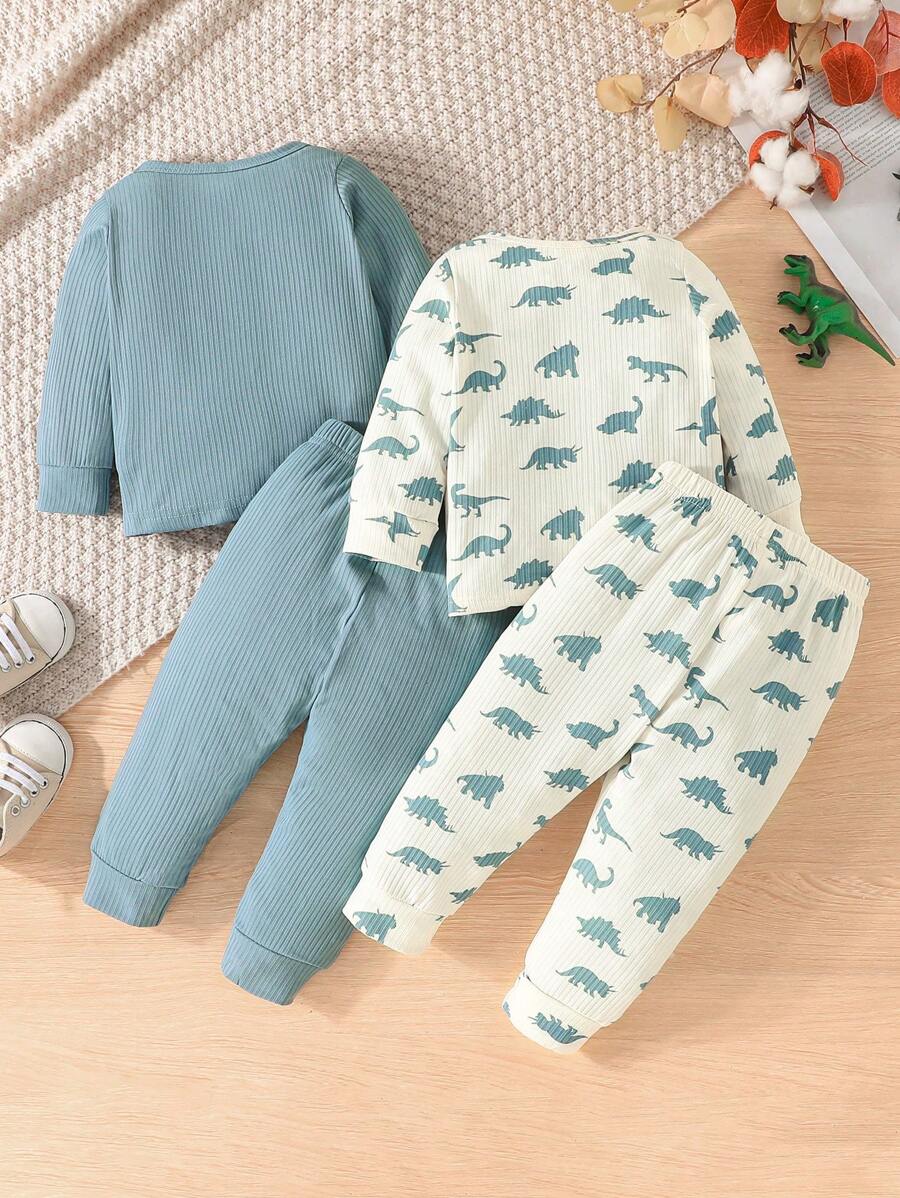2بدلة فضفاضة قطعتين كاجوال بأكمام طويلة وبنطلون بطبعة ديناصور/لون واحد
