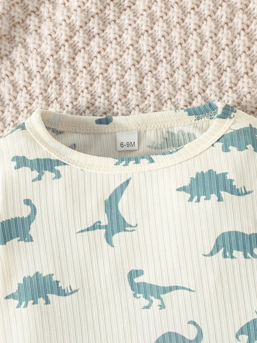 2بدلة فضفاضة قطعتين كاجوال بأكمام طويلة وبنطلون بطبعة ديناصور/لون واحد