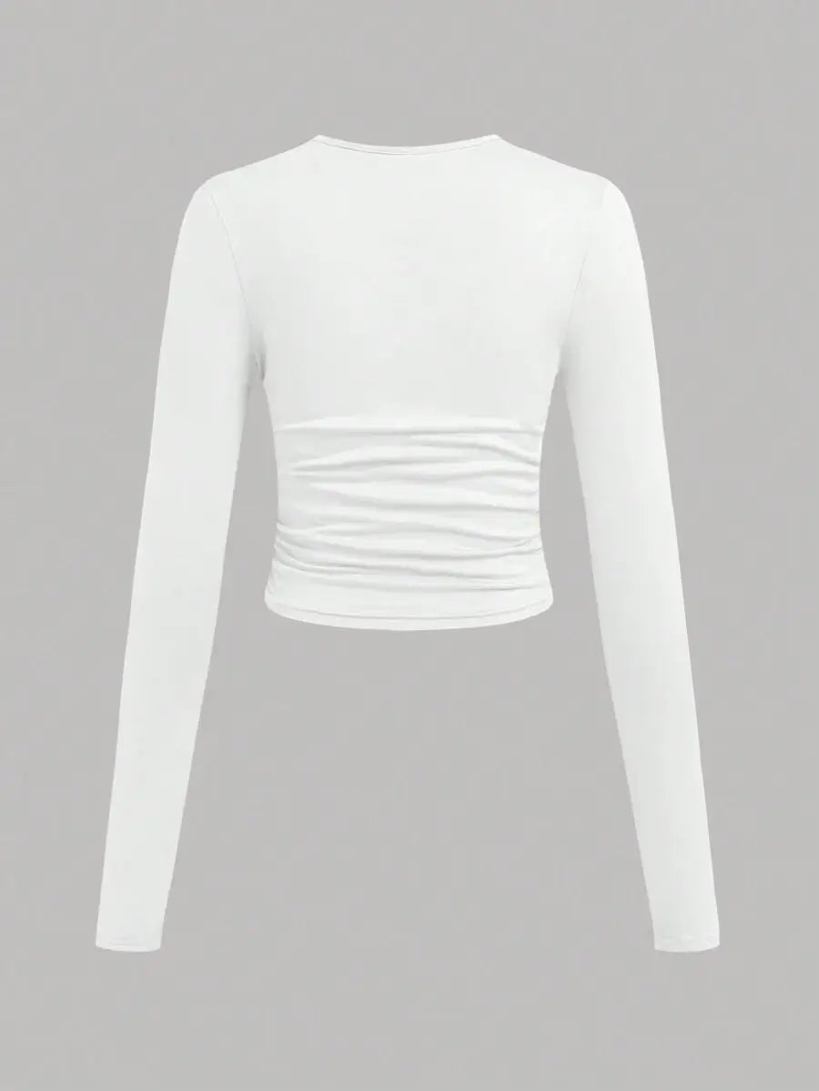 تي شيرت SHEIN Girlism Teen Girl محبوك بلون سادة برقبة مستديرة وأكمام طويلة من 3 قطع/مجموعة