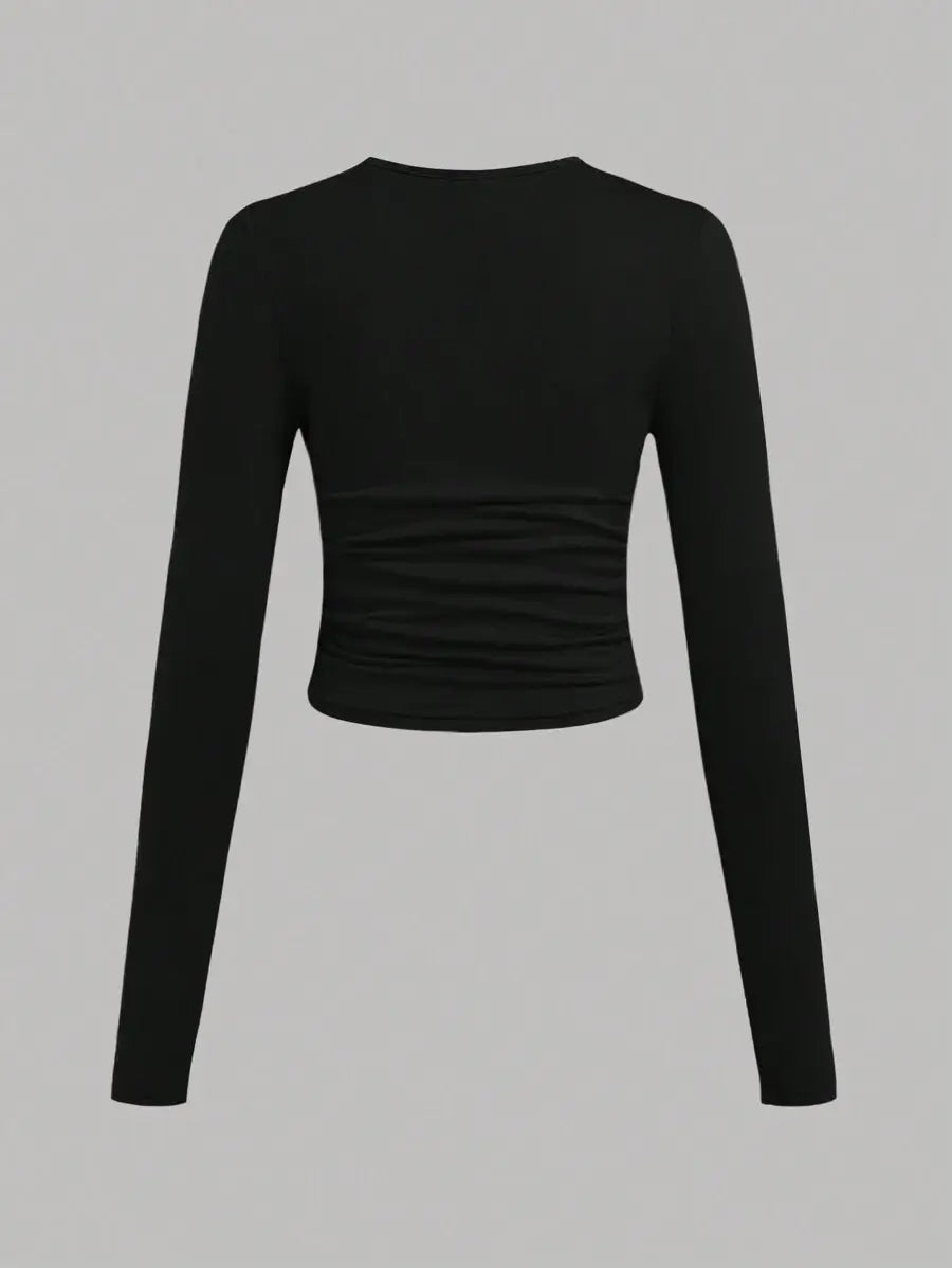 تي شيرت SHEIN Girlism Teen Girl محبوك بلون سادة برقبة مستديرة وأكمام طويلة من 3 قطع/مجموعة