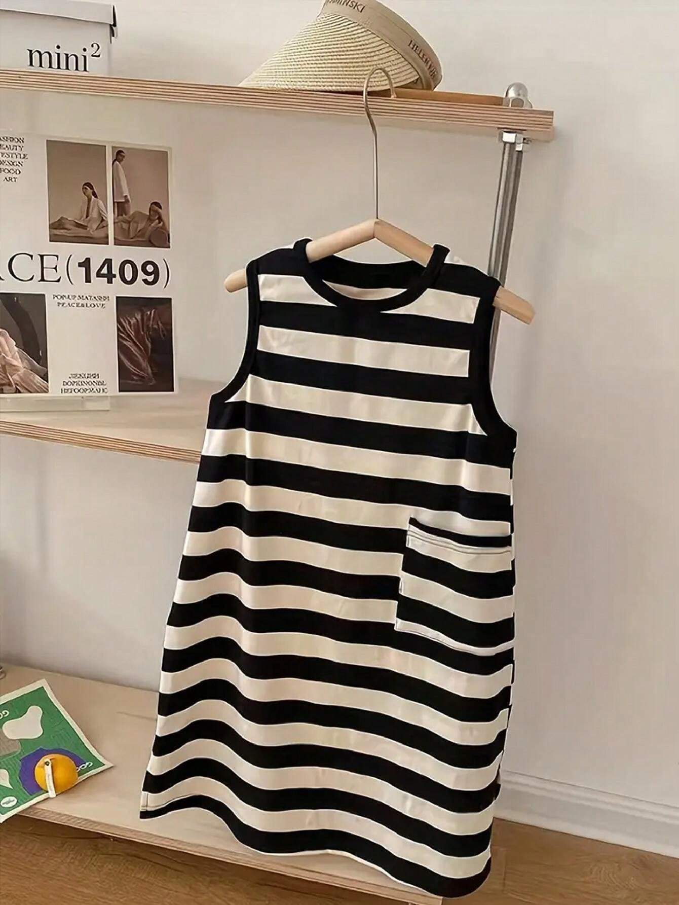 فستان صيفي نسائي-فتاة باللونين الأسود والأبيض – بدون أكمام