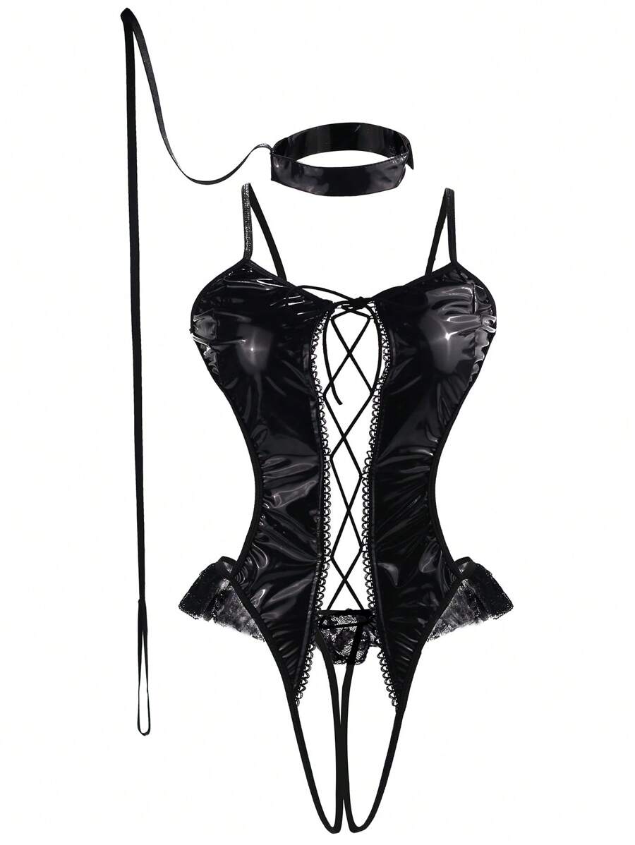 طقم جمبسوت نسائي بونك أسود من الجلد الصناعي – إطلالة جريئة ومثيرة