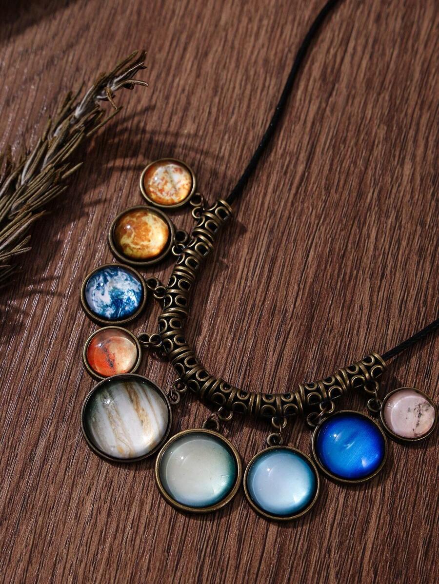 قلادة نظام شمسي بتصميم فريد – 9 كواكب على خيط أسود