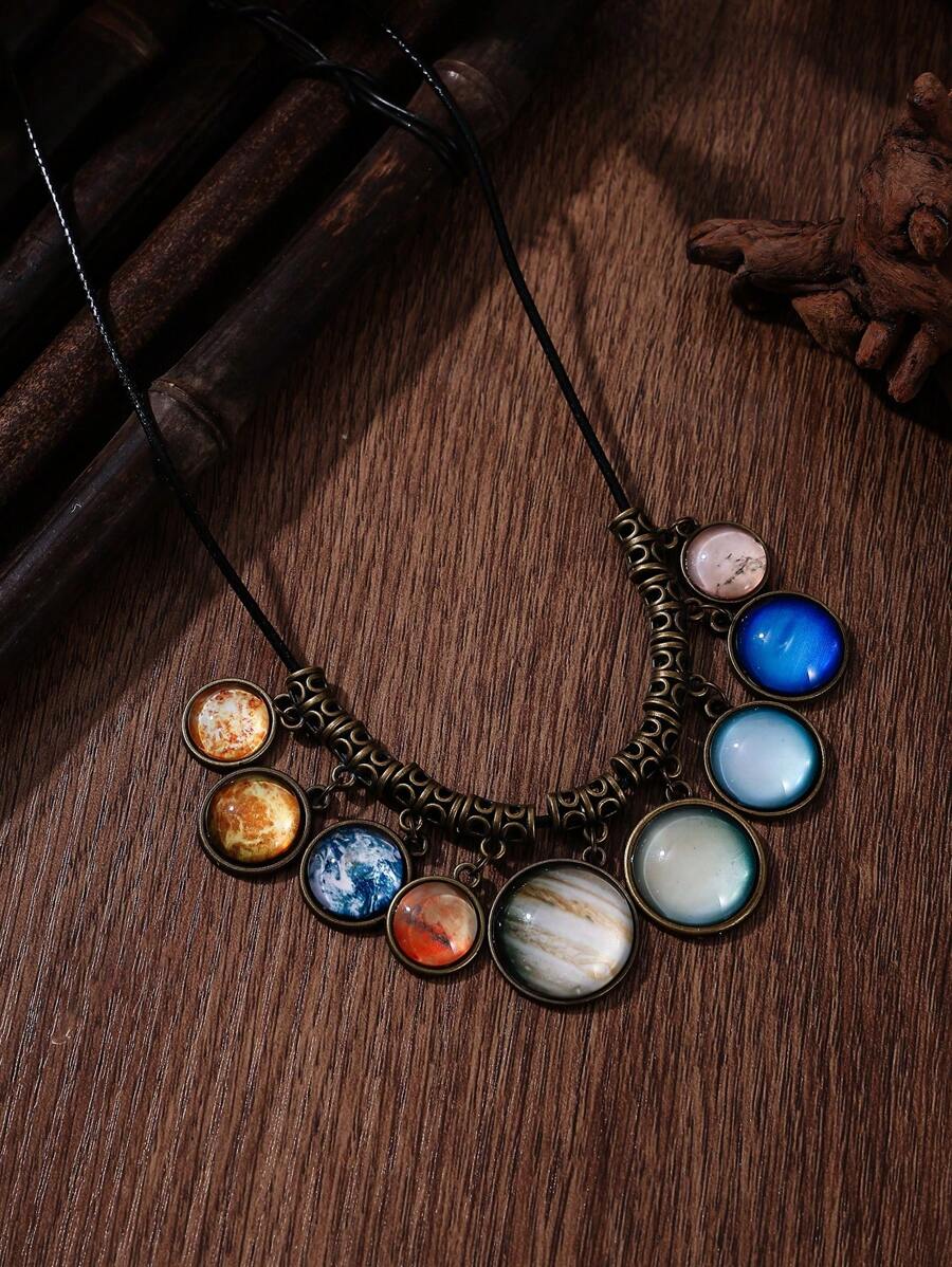 قلادة نظام شمسي بتصميم فريد – 9 كواكب على خيط أسود