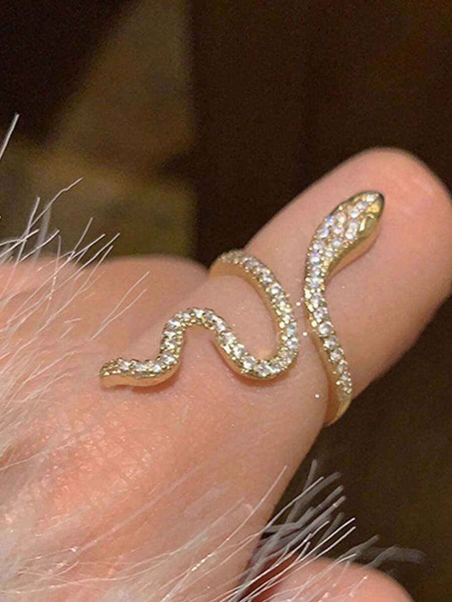 خاتم ثعبان قوطي لامع مرصع بالزركونيا قابل للتعديلShein