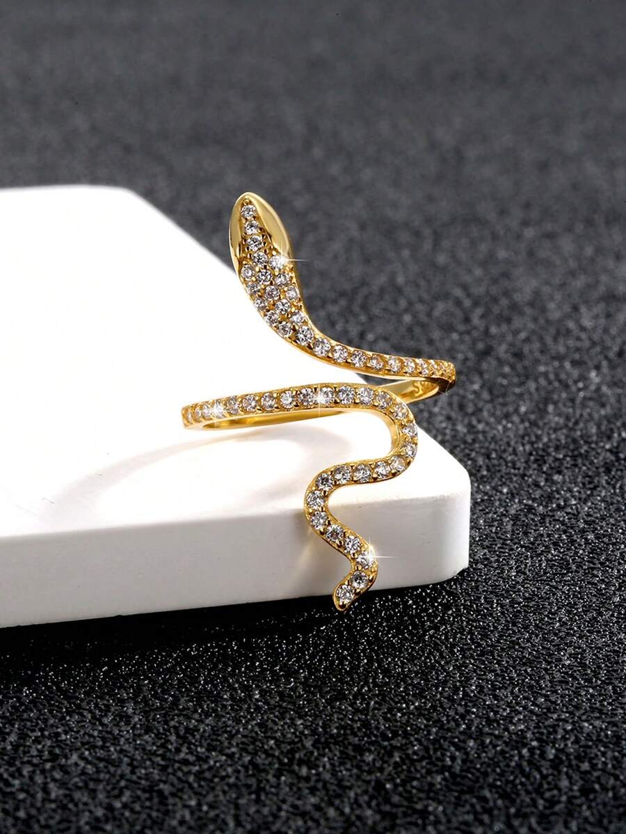 خاتم ثعبان قوطي لامع مرصع بالزركونيا قابل للتعديلShein