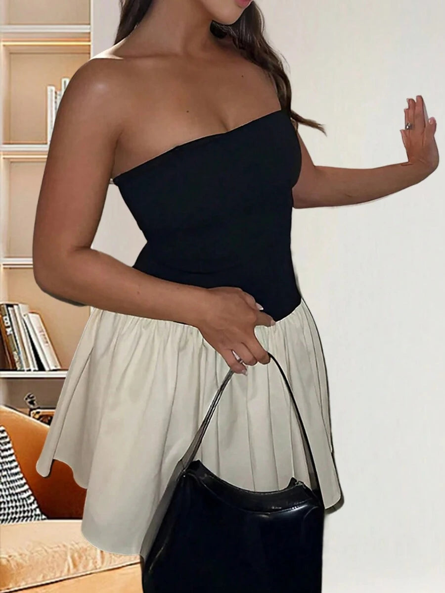 فستان بدون حمالات مرقع بألوان متباينة من رافينيا – شي إن