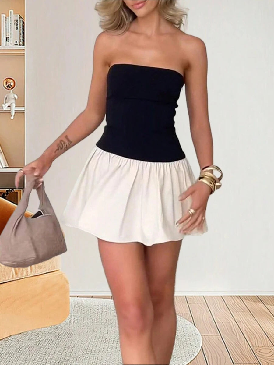 فستان بدون حمالات مرقع بألوان متباينة من رافينيا – شي إن