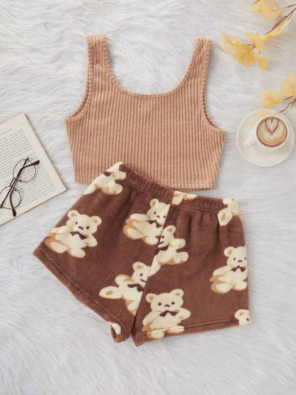 2pcs Solid Rib Knit Camisole & Flannel Bear Print Shorts Sleepwear Set