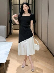 DAZY SHEIN X Hannahelzahed Women's Elegant Colorblock Patchwork Dress