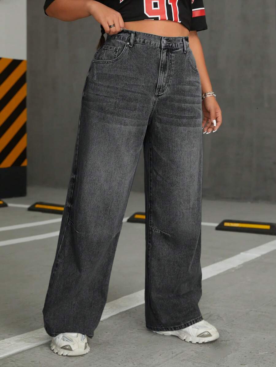 بنطلون جينز نسائي فضفاض بجيوب واسعة من SHEIN ICON مقاس كبير