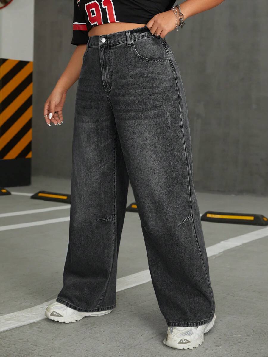 بنطلون جينز نسائي فضفاض بجيوب واسعة من SHEIN ICON مقاس كبير