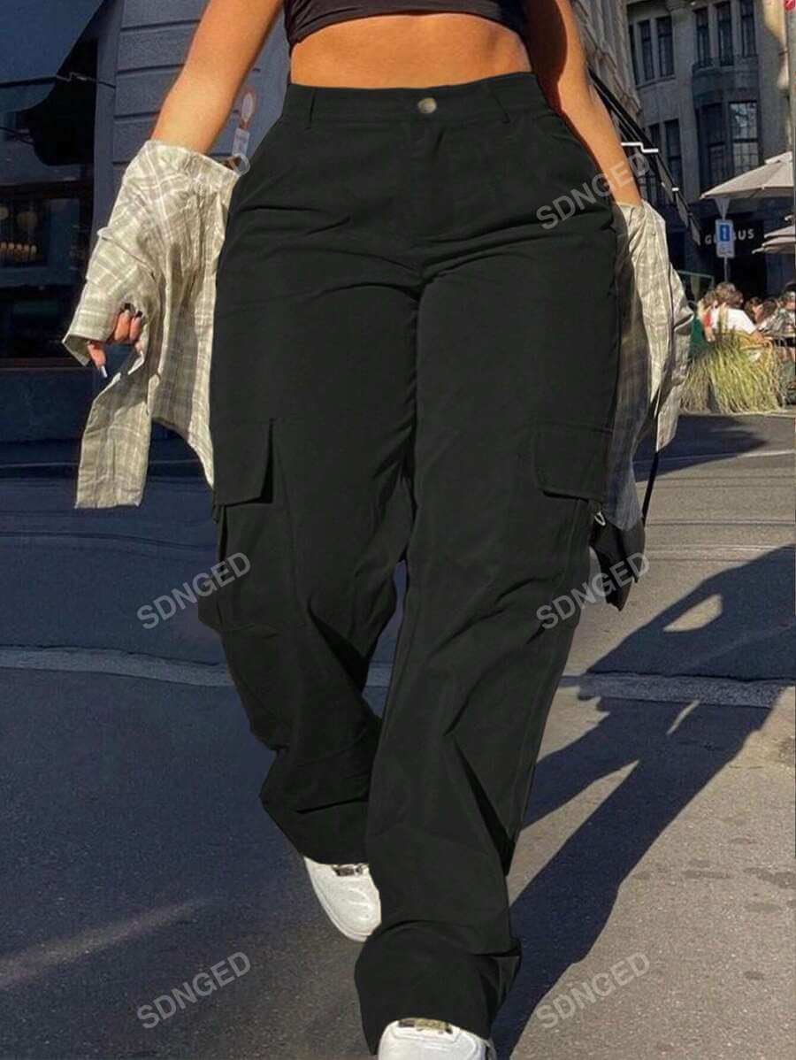 بنطلون كارجو كاجوال بلون اسود للنساء من Shein