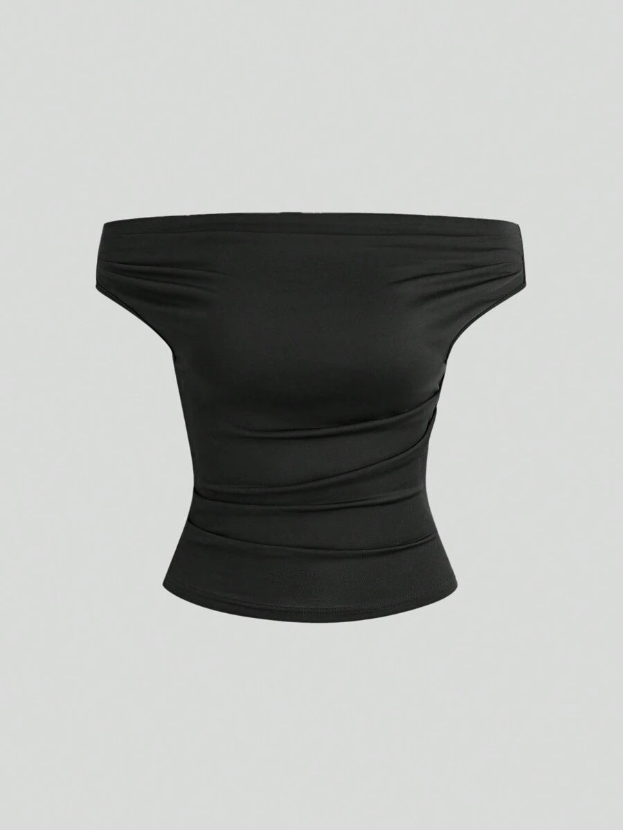 بلوزة سويترا النسائية ذات الأكتاف المكشوفة، بتصميم بسيط ولون سادةShein