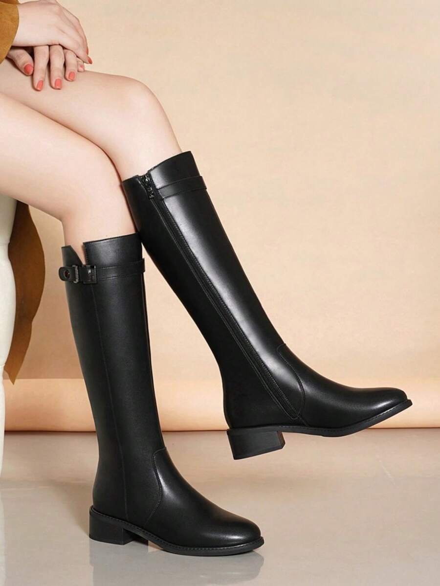 حذاء نسائي شتوي جديد من الجلد يصل إلى منتصف الساق، بسحاب جانبي،