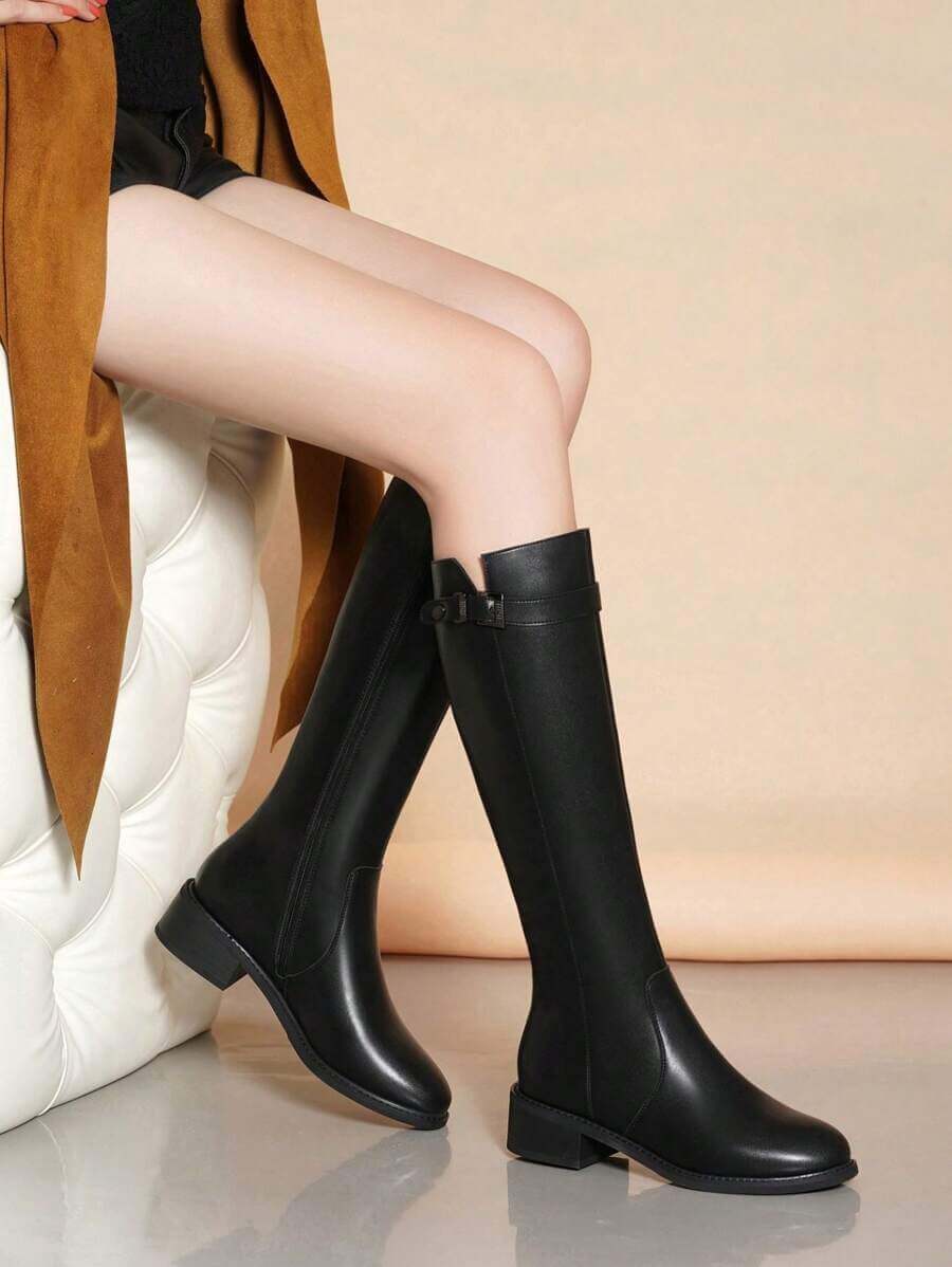 حذاء نسائي شتوي جديد من الجلد يصل إلى منتصف الساق، بسحاب جانبي،