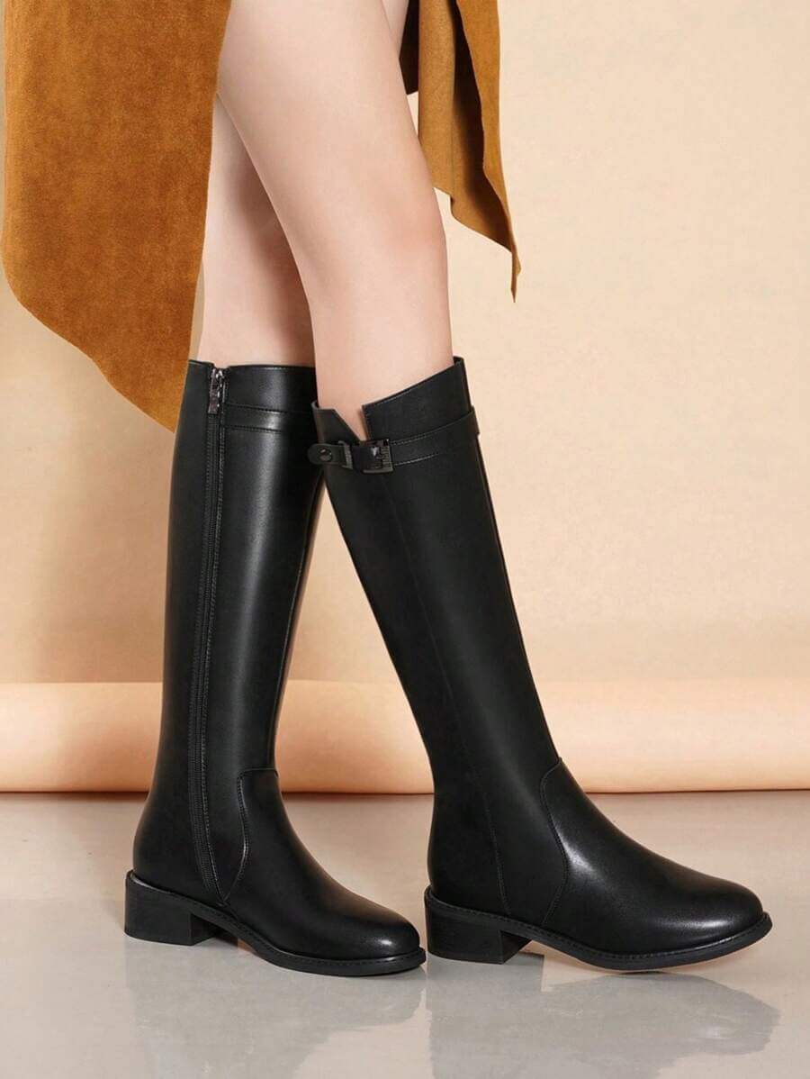 حذاء نسائي شتوي جديد من الجلد يصل إلى منتصف الساق، بسحاب جانبي،