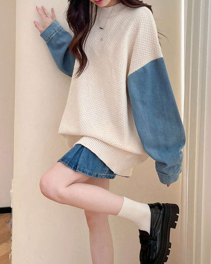 بلوفر نسائي أنيق بأكمام من قماش الدنيم Shein