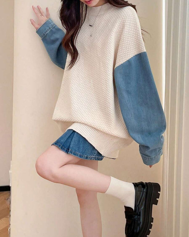بلوفر نسائي أنيق بأكمام من قماش الدنيم Shein