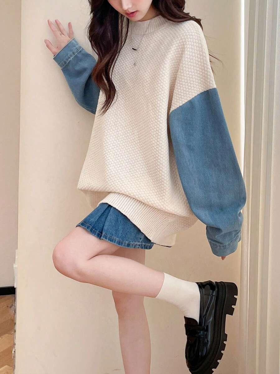 بلوفر نسائي أنيق بأكمام من قماش الدنيم Shein