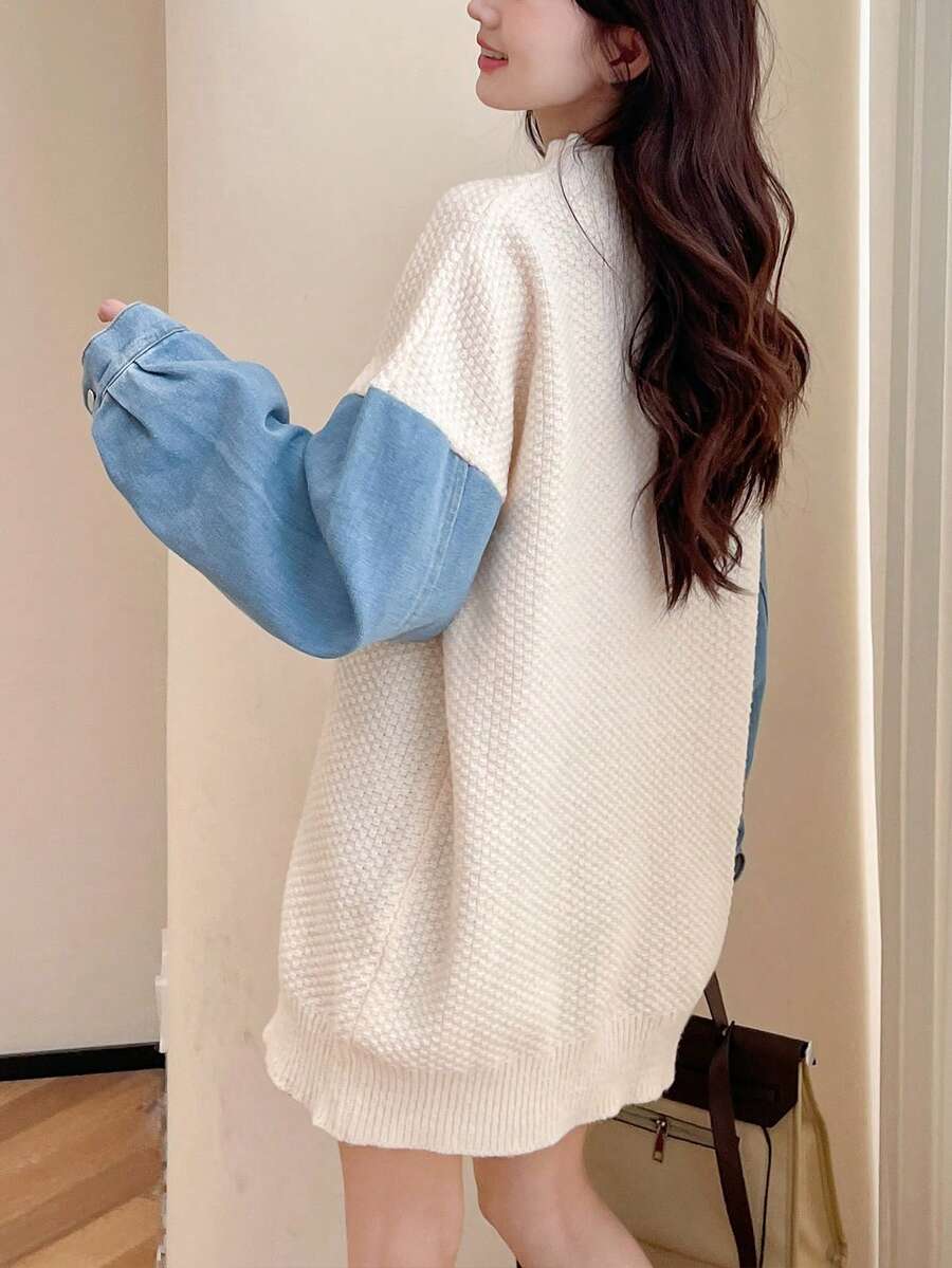 بلوفر نسائي أنيق بأكمام من قماش الدنيم Shein