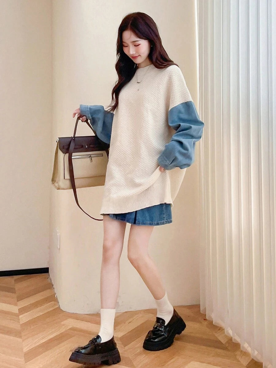 بلوفر نسائي أنيق بأكمام من قماش الدنيم Shein