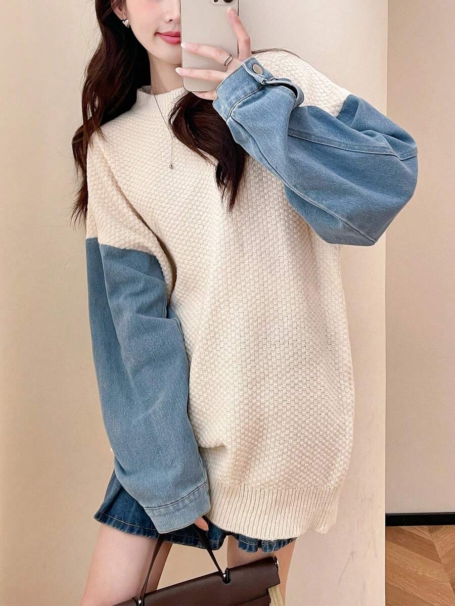 بلوفر نسائي أنيق بأكمام من قماش الدنيم Shein