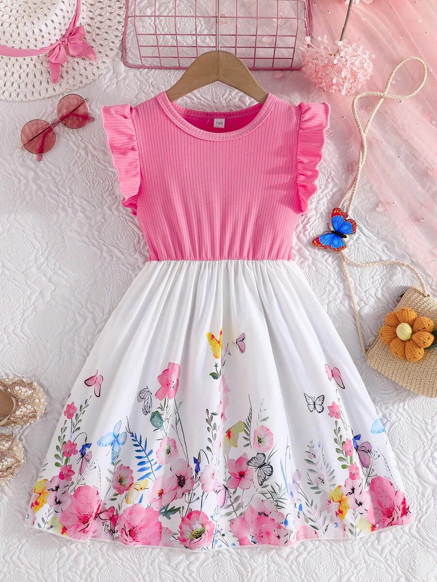 فستان صيفي أنيق بطبعة زهور مرقعة بأكمام قصيرة للفتيات المراهقات