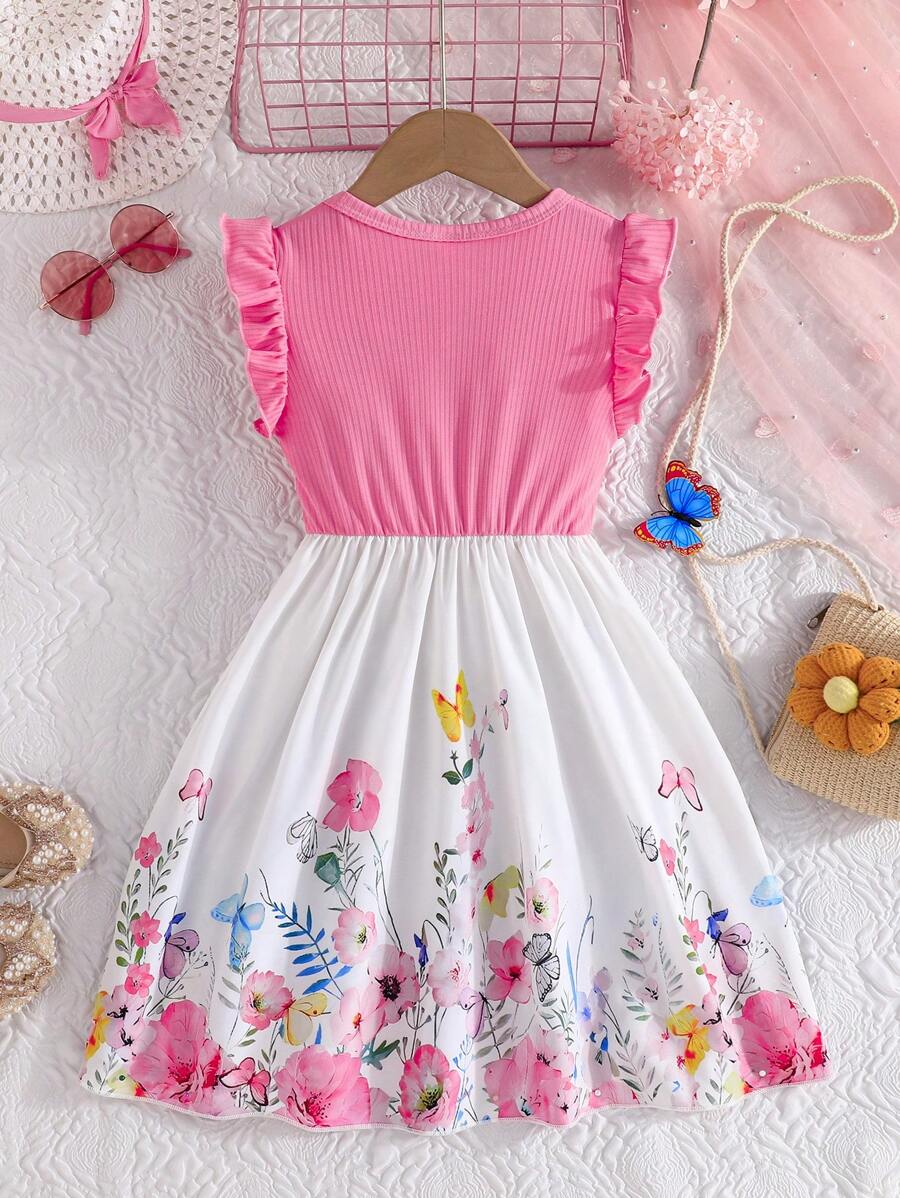 فستان صيفي أنيق بطبعة زهور مرقعة بأكمام قصيرة للفتيات المراهقات