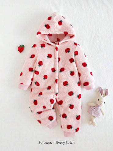 جمبسوت بناتي بكابيشو وسحاب وأكمام طويلة مزين بالفراولة من كوزي بيكسيز