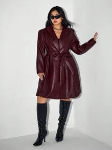 SHEIN ICON ICON Plus Size Women's Gun Lapel PU Leather Long Suit Coat, Winter