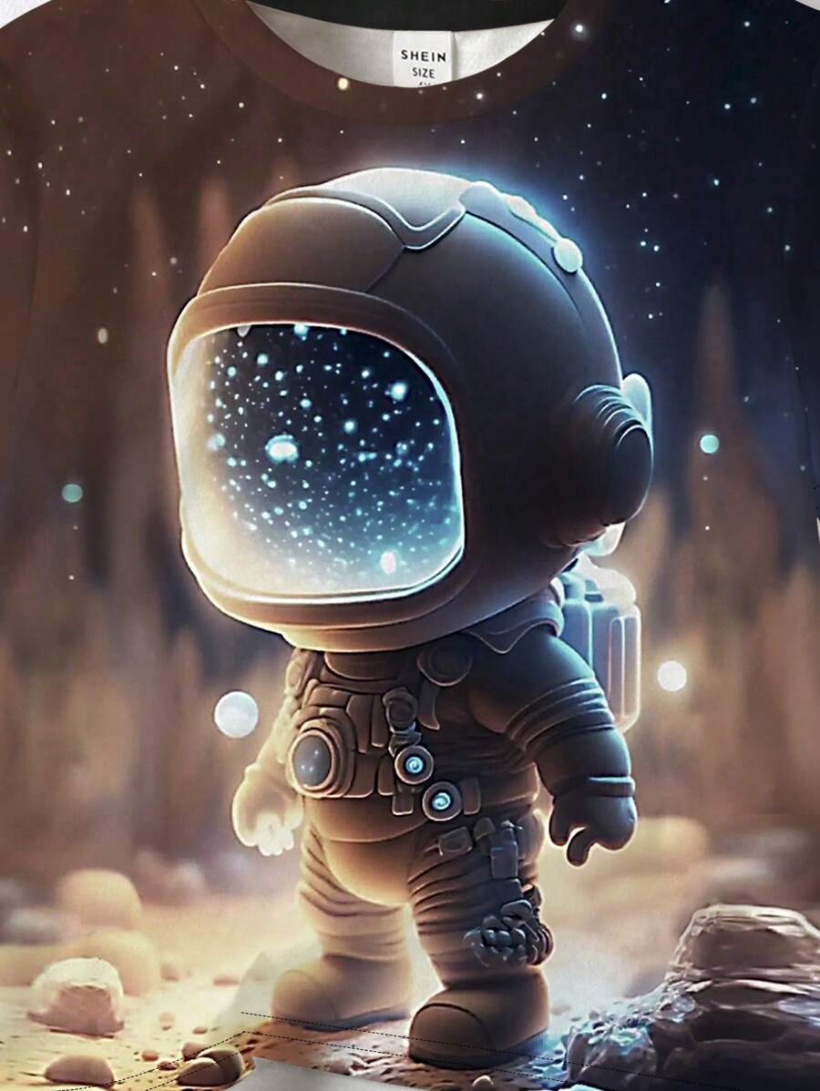 تي شيرت فضفاض بأكمام قصيرة ورقبة مستديرة ورسومات كرتونية بسيطة للصيف للأولاد الصغار مطبوع عليه رائد فضاء من SHEIN